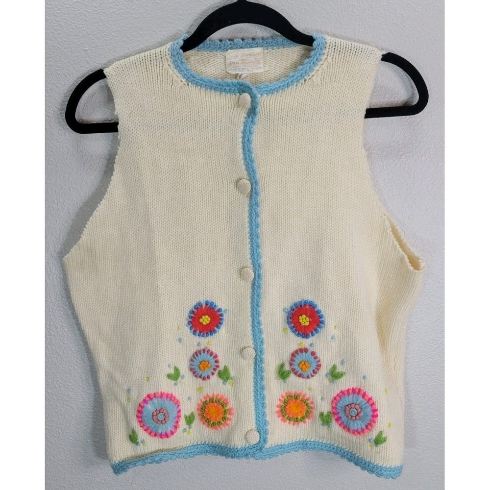 Vintage 1970s Hand‎ Embroidered Wool Knit Vest Floral Button Front Size M - READ